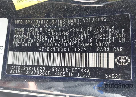 2012 Toyota Camry Se V6 из США, поврежденный, VIN 4T1BK1FKXCU500872